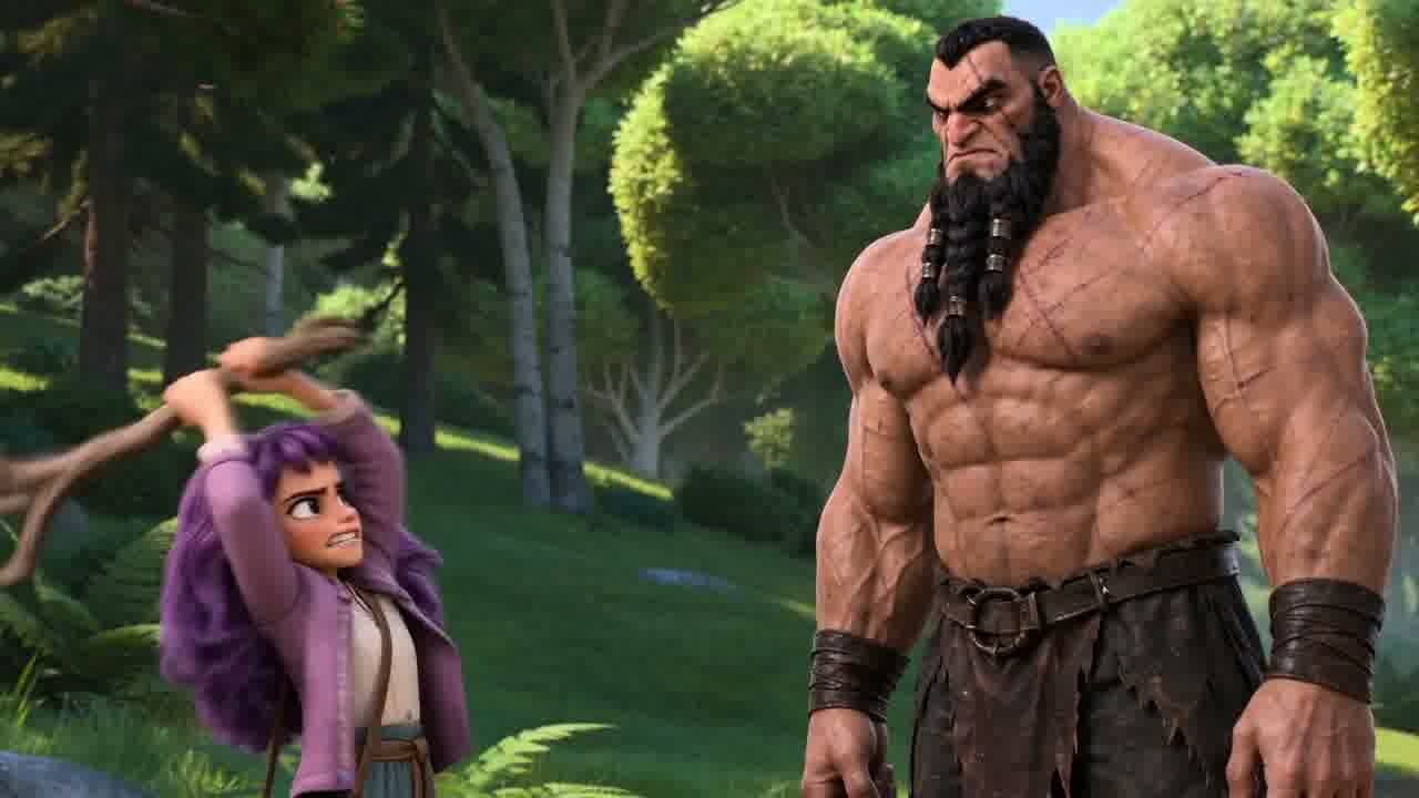 Mary Sue standing beside the towering warrior Varnok on a forest path