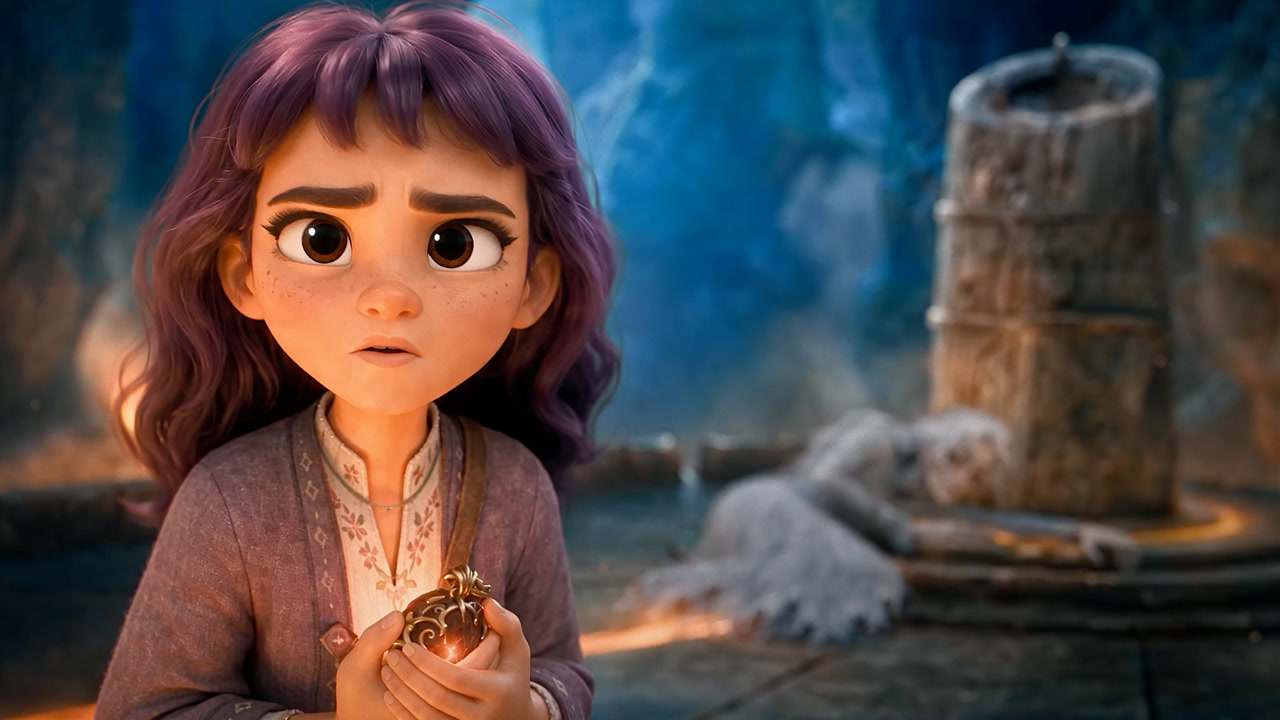 Mary Sue clutching the glowing Ember Heart amulet, looking worried